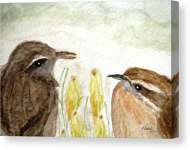 Carolina Wrens Canvas Print featuring the painting Conversation In The Crocus by Angela Davies
