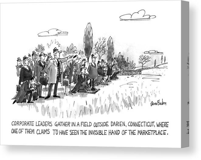 Business Canvas Print featuring the drawing Corporate Leaders Gather In A Field by Dana Fradon