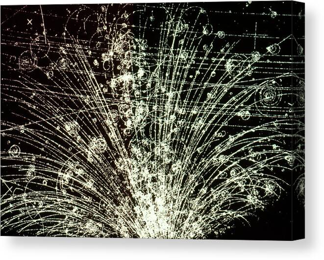 Black-and-white Canvas Print featuring the photograph Cosmic Ray Collision by Cern/science Photo Library