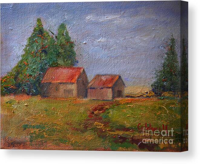 Countryside Building Tree Roadway Green Red Clouds Sky Meadow Barn Home Rural Alabama Canvas Print featuring the painting Countryside by Patricia Caldwell