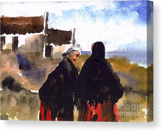 Val Byrne Canvas Print featuring the painting Daily Chat on Aran by Val Byrne