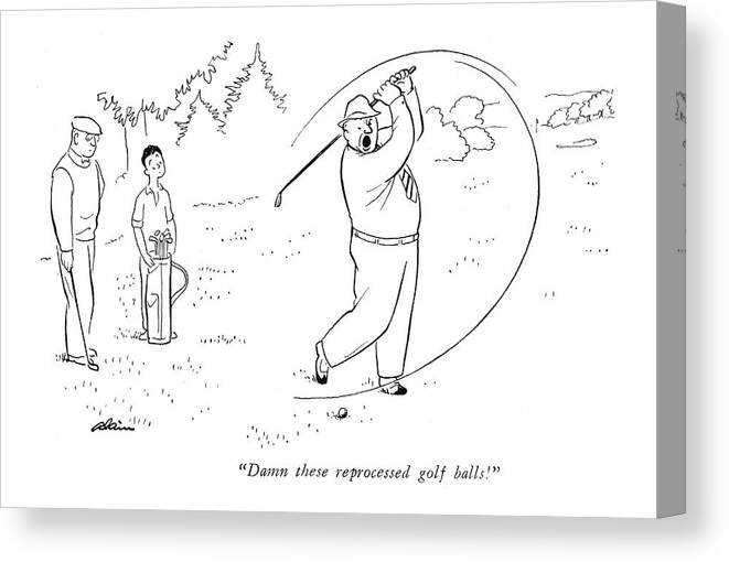 113506 Ala Alain Angry Golfer.
 Angry Caddy Club Clubs Course Courses Disgruntled Driver Enraged Fairway Furious Game Games Golfer Golfers Gol?ng Golfs Hole Holes Irate Irritated Leisure Mad Score Scores Upset Canvas Print featuring the drawing Damn These Reprocessed Golf Balls! by Alain