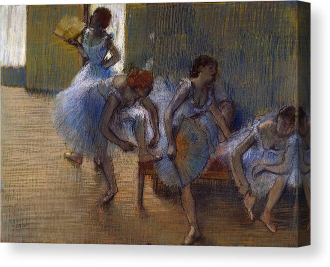 Degas Canvas Print featuring the pastel Dancers On A Bench, 1898 by Edgar Degas