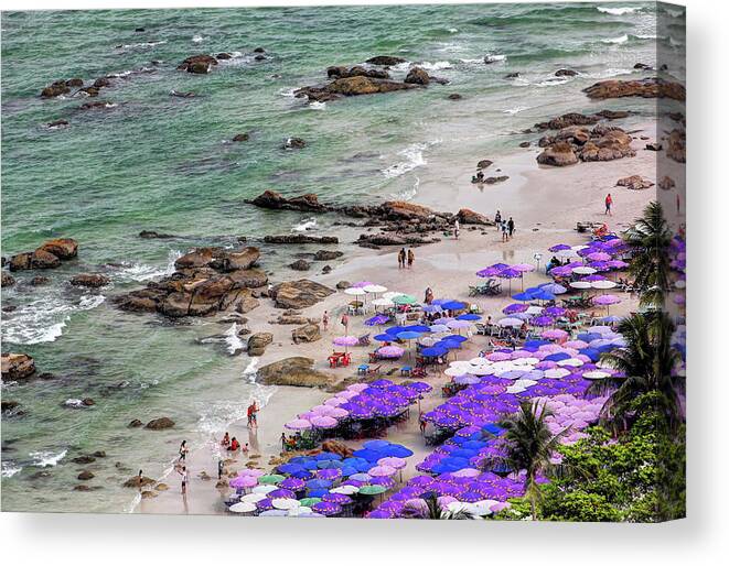Water's Edge Canvas Print featuring the photograph Densely Packed Umbrellas Hua Hin Beach by Igor Prahin