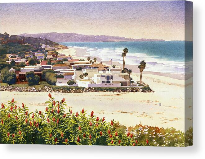 Beach Canvas Print featuring the painting Dog Beach Del Mar by Mary Helmreich