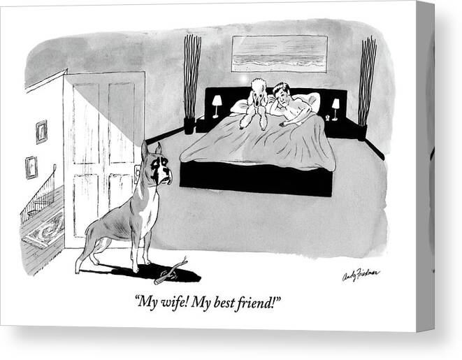 Love Canvas Print featuring the drawing Dog Enters Room Where Poodle And Man Are In Bed by Andy Friedman