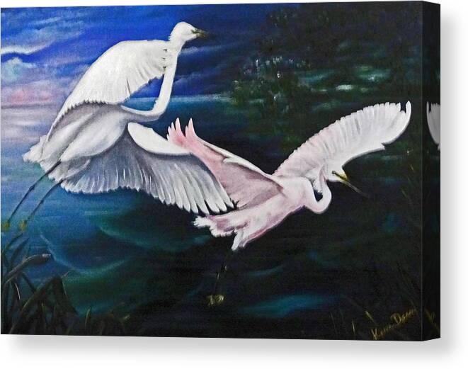 Snowy Egrets Canvas Print featuring the painting Early Flight by Karin Dawn Kelshall- Best