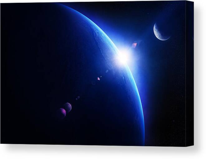 Earth Canvas Print featuring the photograph Earth sunrise with moon in space by Johan Swanepoel