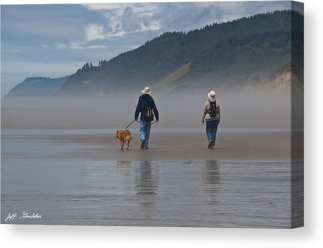 Active Seniors Canvas Print featuring the photograph Elderly Couple Walking a Dog by Jeff Goulden