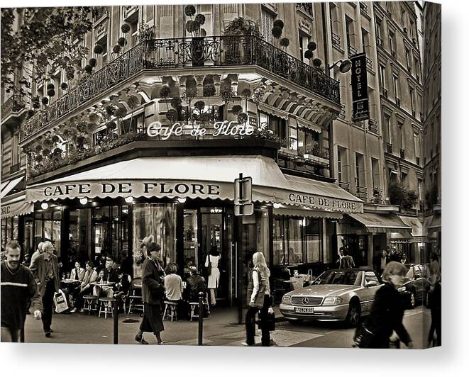 Paris Canvas Print featuring the photograph Famous and charming Parisien Cafe de Flore, at a corner in Paris by Carlos Alkmin