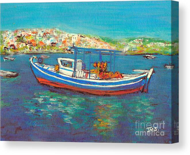  Canvas Print featuring the painting Fishing Boat - Koroni Harbour by Jackie Sherwood
