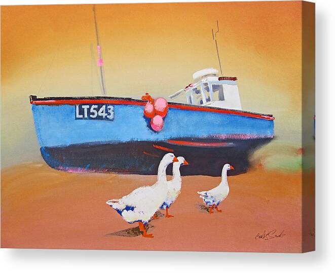 Geese Canvas Print featuring the painting Fishing Boat Walberswick With Geese by Charles Stuart