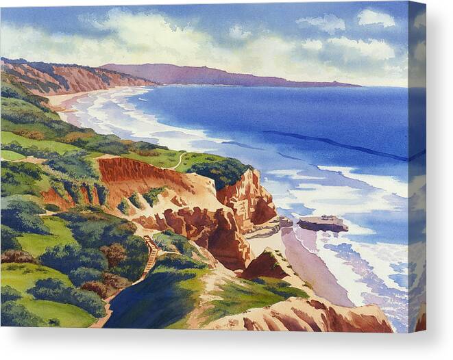 Rock Canvas Print featuring the painting Flat Rock and Bluffs at Torrey Pines by Mary Helmreich