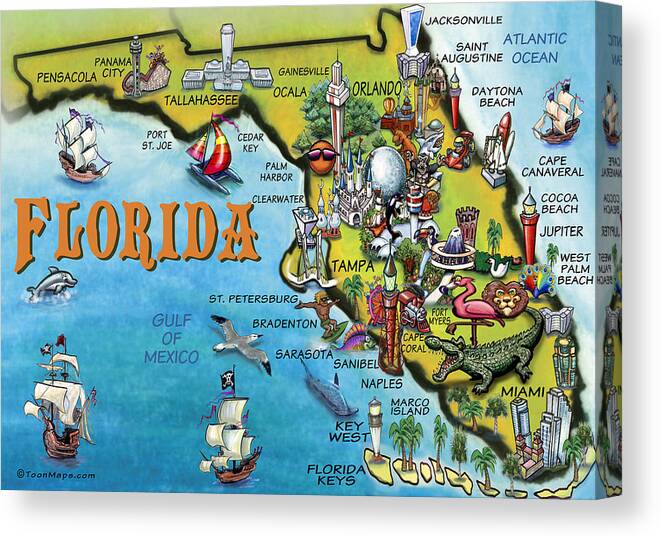 Florida Canvas Print featuring the digital art Florida Cartoon Map by Kevin Middleton