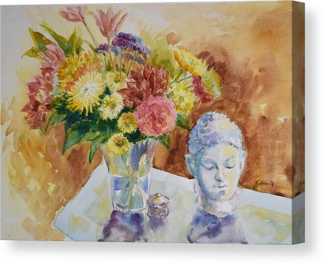 Still Life Canvas Print featuring the painting Flower Vase with Buddha by Jyotika Shroff