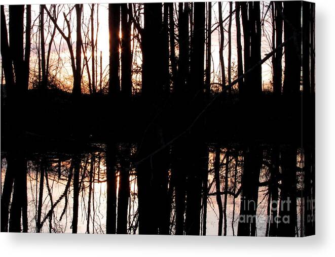 Forest Pond Silhouette Prints Woodland Pond Reflection Pics Natural Landscapes Natural Silhouettes Sunset Silhouettes Wall Art Office Art Natural Interior Design Natural Decor Peaceful Prints Peaceful Landscapes Natural Art In Nature Images Canvas Print featuring the photograph Forest Pond Reflection by Joshua Bales