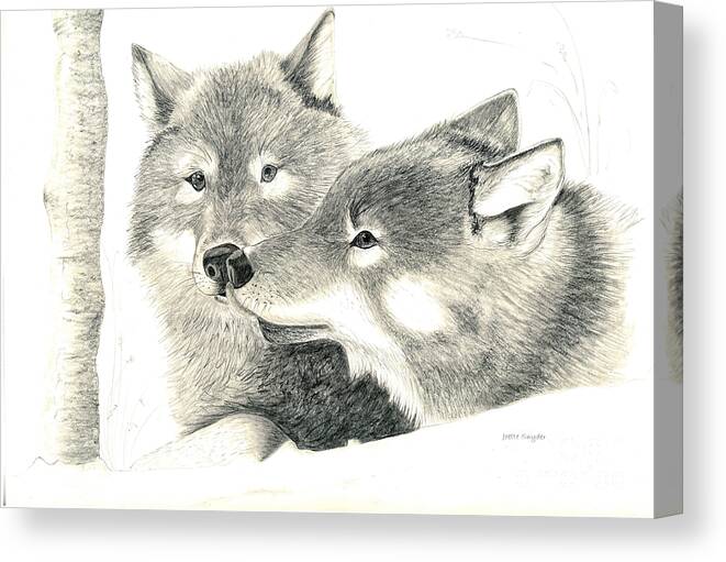 Drawing Of Wolves Canvas Print featuring the painting Forever Wolf Love-The Greeting by Joette Snyder