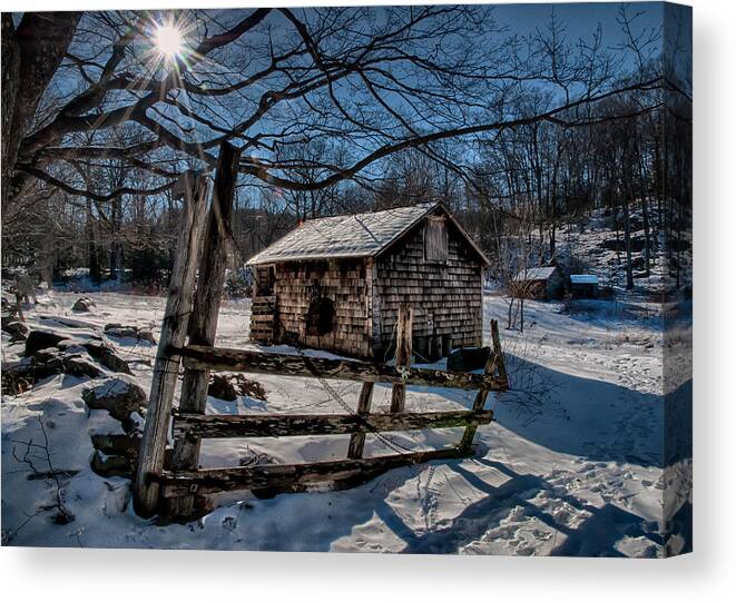 Winter Canvas Print featuring the photograph Gate and Shed by Fred LeBlanc