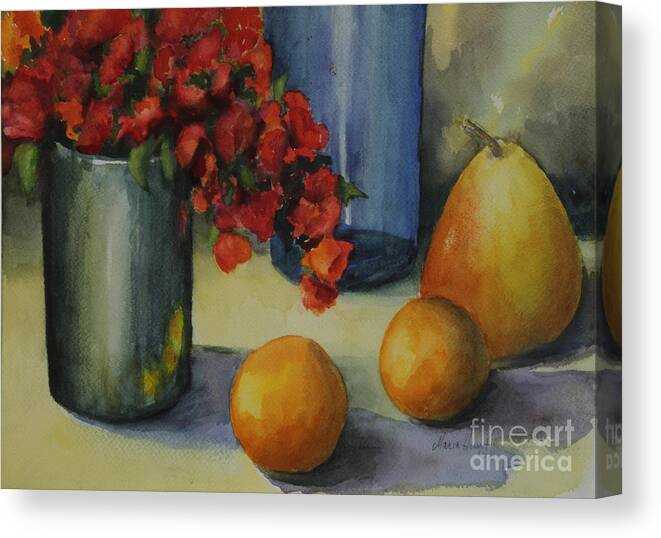 Pewter Vase Canvas Print featuring the photograph Geraniums with Pear and Oranges by Maria Hunt
