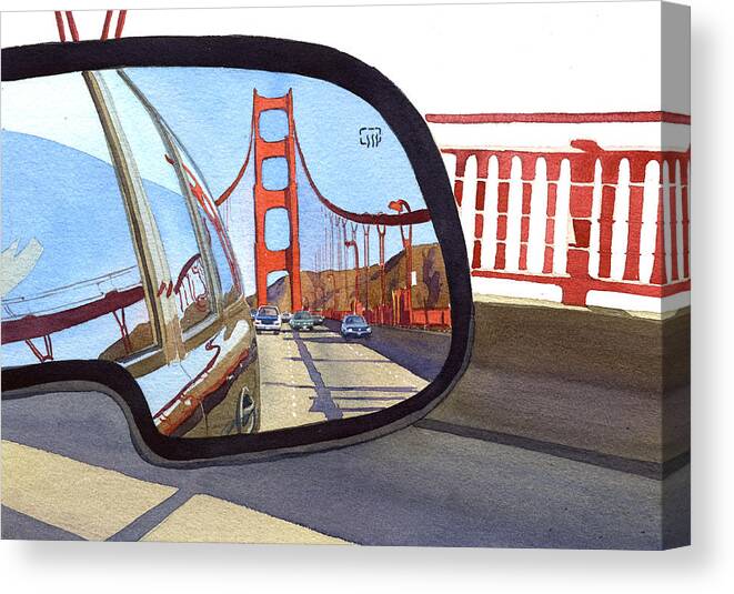 California Canvas Print featuring the painting Golden Gate Bridge in Side View Mirror by Mary Helmreich