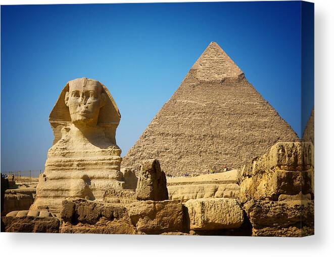 Statue Canvas Print featuring the photograph Great Sphinx and Pyramid of Khafre by Pablo Charlón