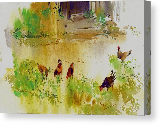 Chicks Canvas Print featuring the painting Hen Pecked by P Anthony Visco