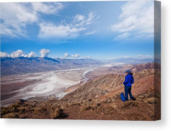 Scenics Canvas Print featuring the photograph Hiker at Dante's View by JeffGoulden