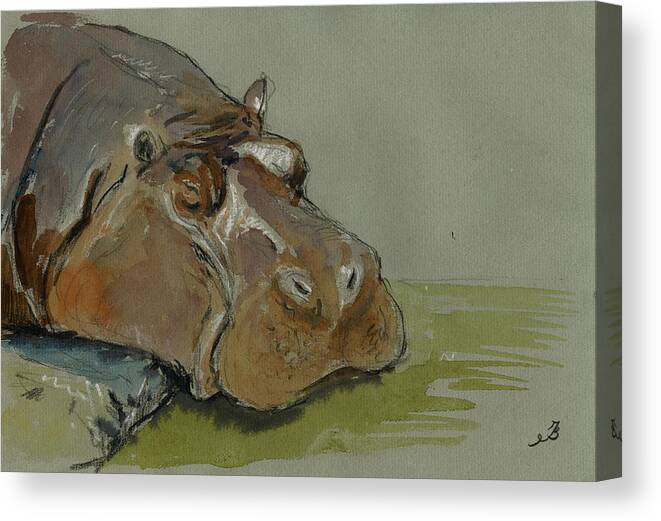 Hippo Canvas Print featuring the painting Hippo sleeping by Juan Bosco
