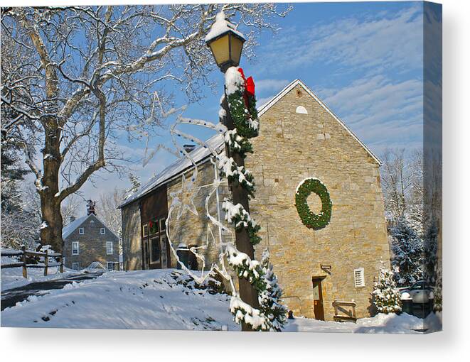Winter Scenics Canvas Print featuring the photograph Historic America Gring's Mill barn snow holidays by Blair Seitz