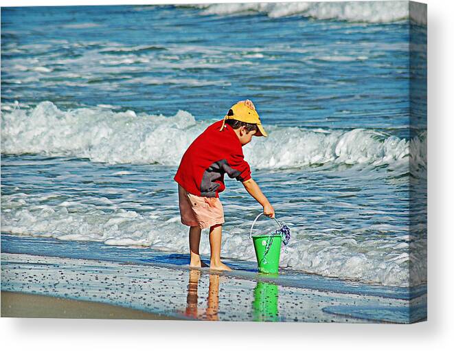 Children Canvas Print featuring the photograph Hold on to your Hat by Linda Brown