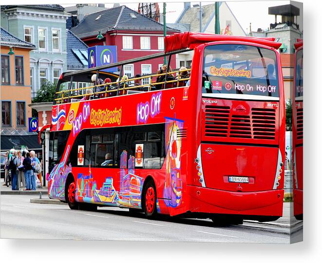Hop Canvas Print featuring the photograph Hop On and Hop Off Bus in Bergen by Laurel Talabere