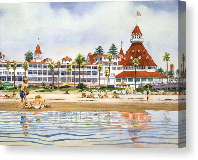 Coronado Canvas Print featuring the painting Hotel Del Coronado from Ocean by Mary Helmreich