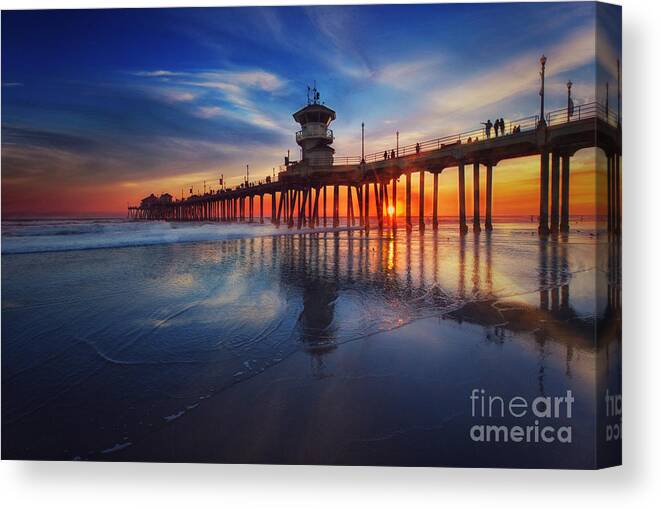 Huntington Beach Ca Canvas Print featuring the photograph Huntington Beach Pier at Sunset by Susan Gary