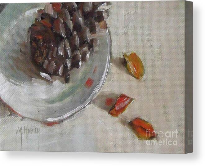 Still Life Canvas Print featuring the painting Pine cone still life on a plate by Mary Hubley