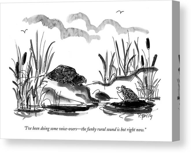 
(frog On A Lily Pad Says To Turtle)
Animals Canvas Print featuring the drawing I've Been Doing Some Voice-overs - The Funky by Donald Reilly