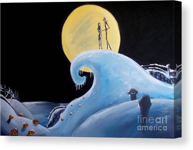 Marisela Mungia Canvas Print featuring the painting Jack and Sally Snowy Hill by Marisela Mungia