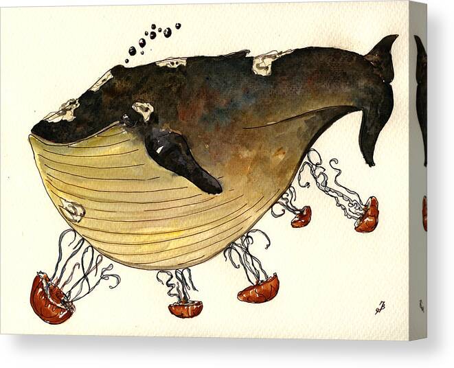 Jellyfish Canvas Print featuring the painting Jellyfish tickling a whale by Juan Bosco