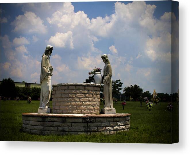 Jesus Canvas Print featuring the photograph Jesus and the Woman At The Well Cemetery Statues by Kathy Clark