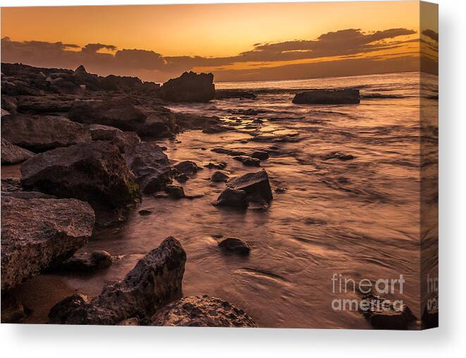 Lanai Canvas Print featuring the photograph Lanai rocky beach sunset by Paul Quinn