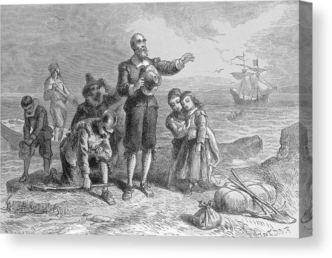 Pilgrim Fathers Canvas Print featuring the photograph Landing Of The Pilgrims, 1620, Engraved By A. Bollett, From Harpers Monthly, 1857 Engraving B&w by Felix Octavius Carr Darley