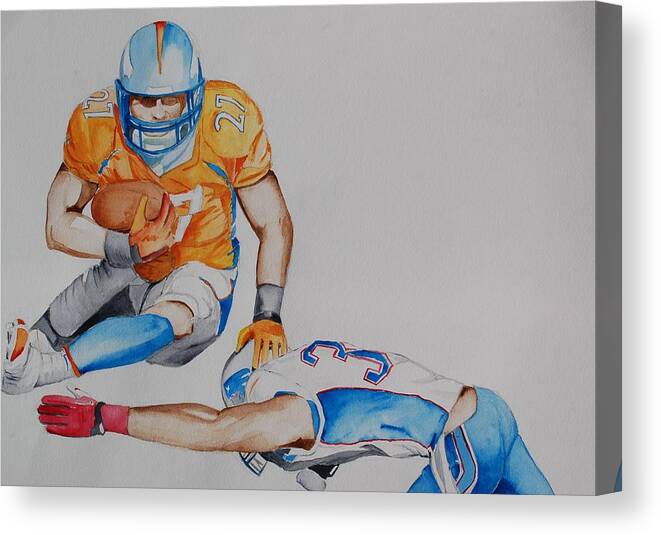 Football Canvas Print featuring the painting Leap to the Finish by Teresa Smith
