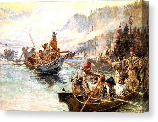 Lewis And Clark On The Lower Columbia Canvas Print featuring the digital art Lewis and Clark on the Lower Columbia by Charles Russell