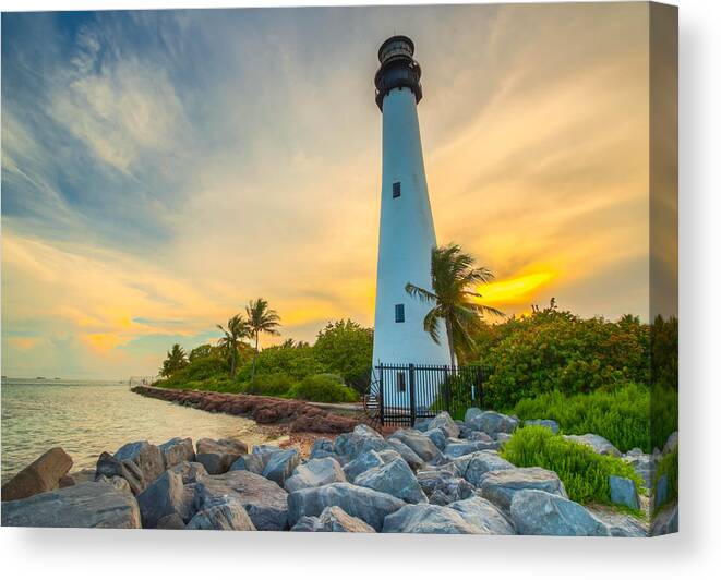 Cape Florida Canvas Print featuring the photograph Lighthouse at Sunset by George Kenhan