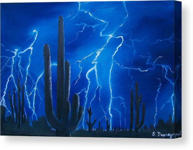 Desert Canvas Print featuring the painting Lightning over the Sonoran by Sharon Duguay