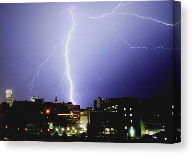 Omaha Canvas Print featuring the photograph Lightning strike in Omaha by Jetson Nguyen