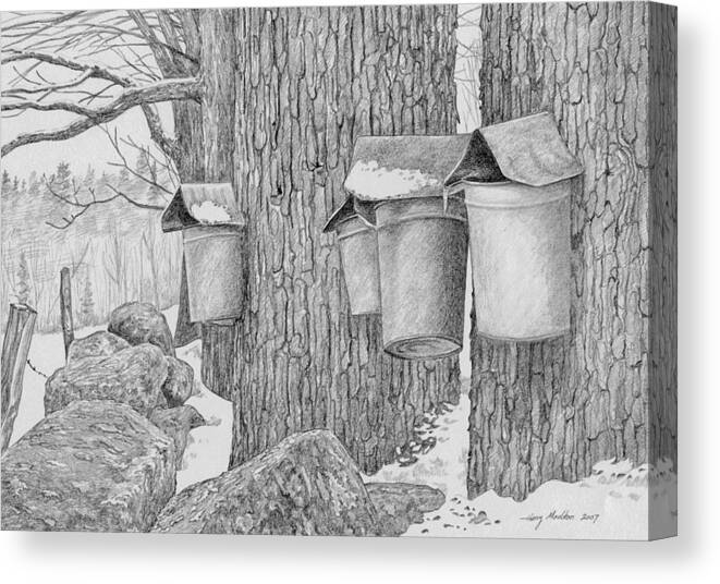 Sap Bucket Canvas Print featuring the drawing Line of Sap Buckets by Harry Moulton