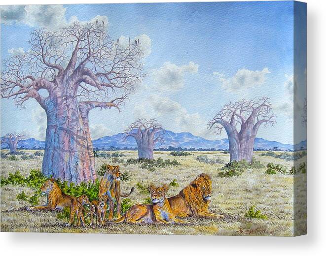 African Paintings Canvas Print featuring the painting Lions by the Baobab by Joseph Thiongo