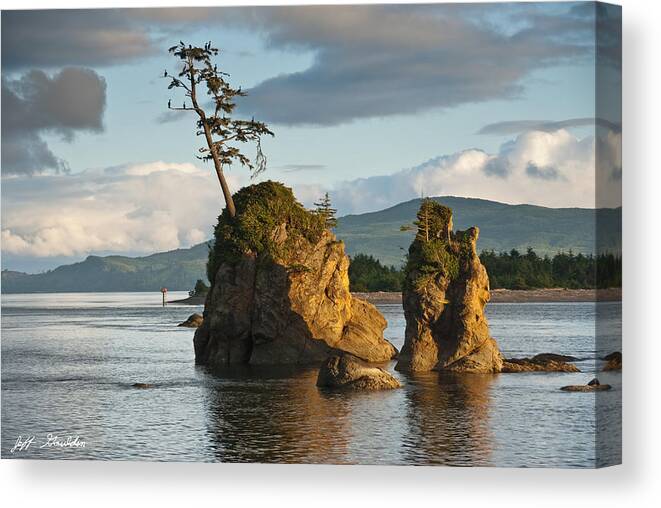 Bay Canvas Print featuring the photograph Lone Tree on a Rock at Sunset by Jeff Goulden