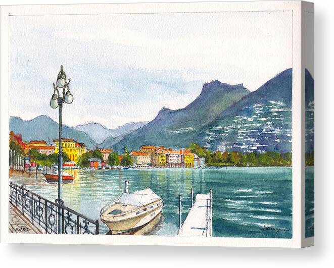 Lake Canvas Print featuring the painting Lugano on Lake Lugano Switzerland by Dai Wynn