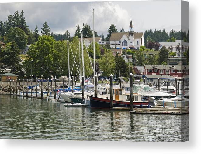 Marina Canvas Print featuring the photograph Marina And Old Lutheran Church by Ellen Thane